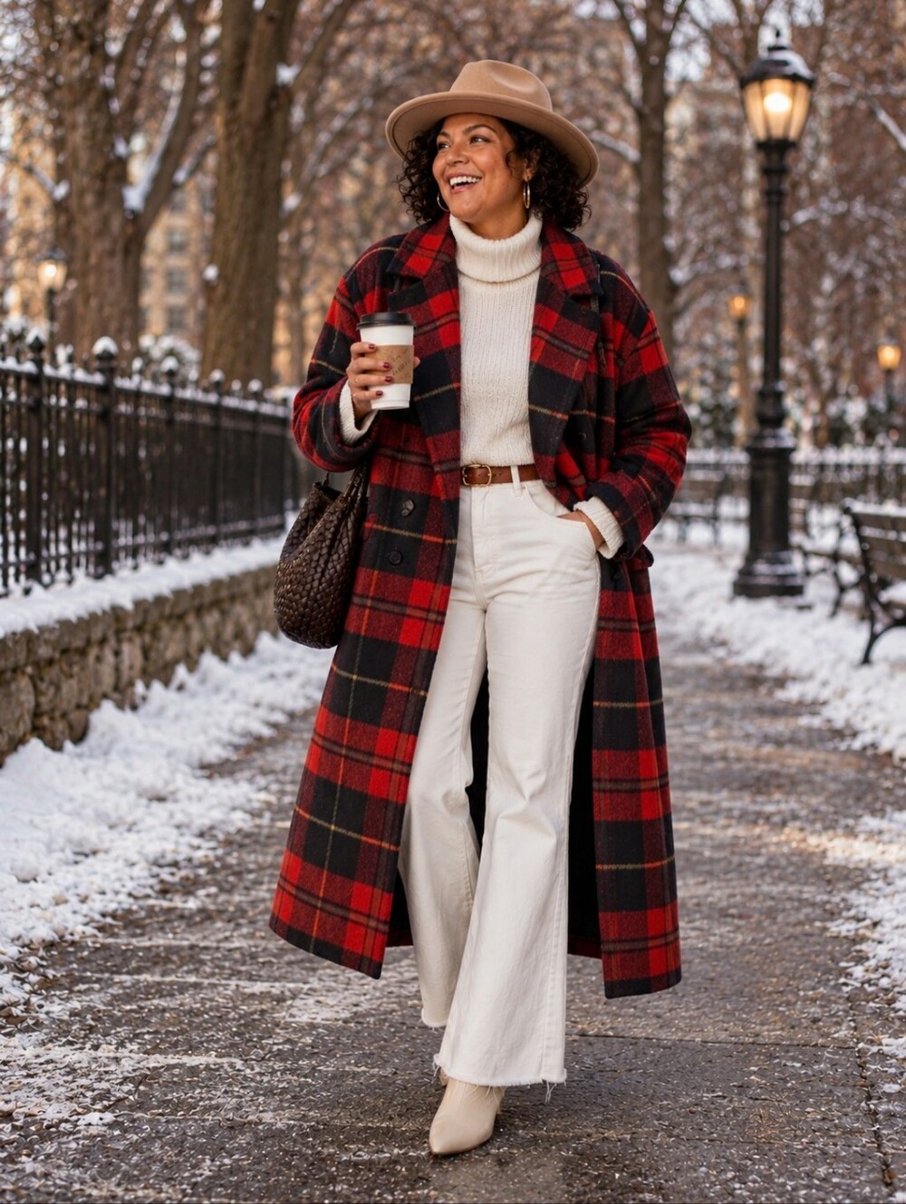 Eloquii Red and Navy Plaid Wool-Blend Trench Coat